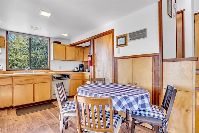 kitchen featuring stainless steel dishwasher, light wood-type flooring, and sink