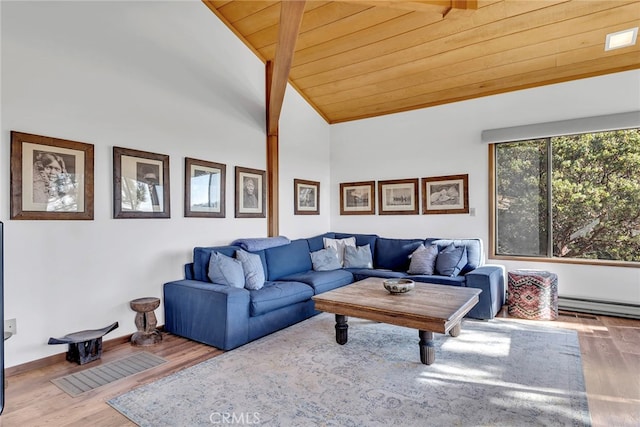 living room with high vaulted ceiling, hardwood / wood-style floors, a baseboard heating unit, and wood ceiling