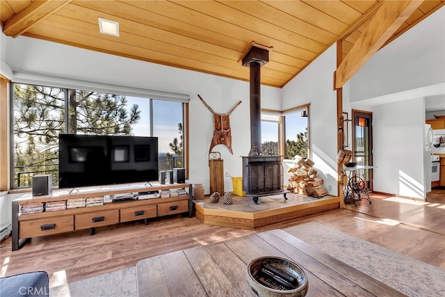 living room with vaulted ceiling with beams, wood ceiling, plenty of natural light, and a wood stove