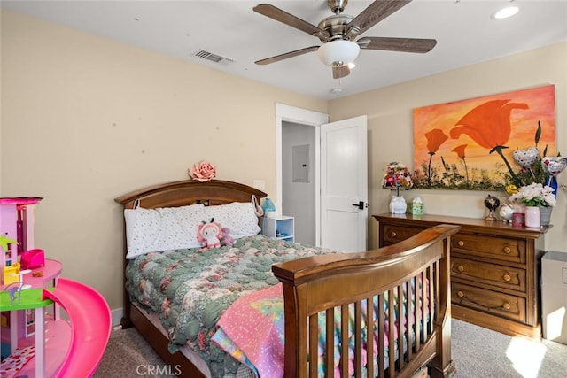 carpeted bedroom featuring ceiling fan