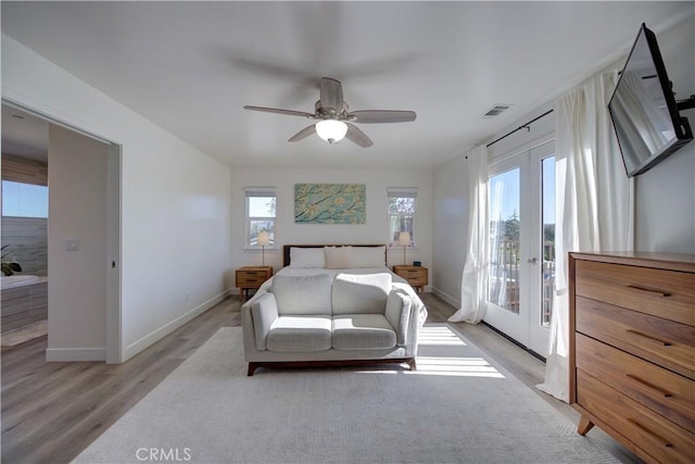 bedroom with ceiling fan, access to outside, light hardwood / wood-style floors, and french doors