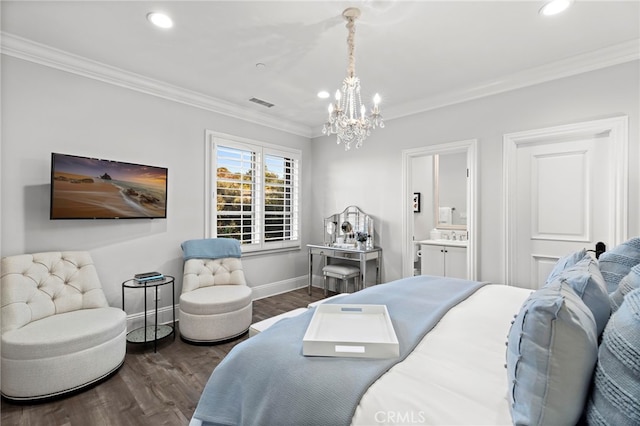 bedroom featuring dark wood-style floors, crown molding, recessed lighting, visible vents, and baseboards