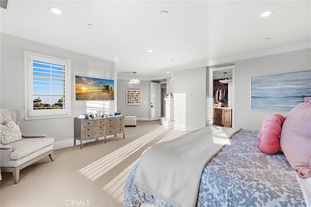 carpeted bedroom with baseboards, crown molding, and recessed lighting