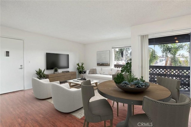 living room with a textured ceiling and wood-type flooring