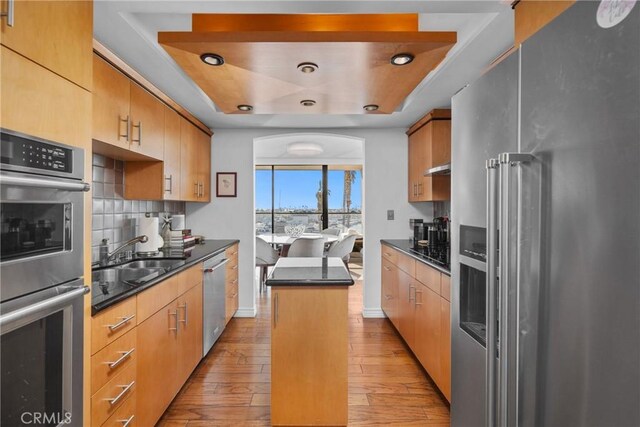 kitchen featuring dark countertops, light wood-style flooring, a tray ceiling, and appliances with stainless steel finishes