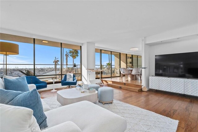 living area featuring hardwood / wood-style flooring and expansive windows