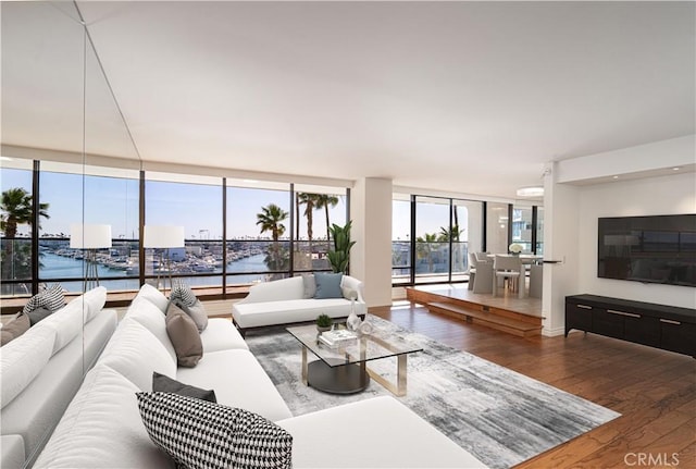 living room featuring hardwood / wood-style flooring and expansive windows