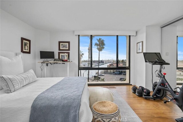 bedroom with wood finished floors, baseboards, and expansive windows