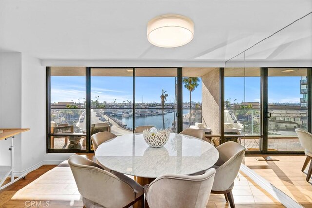 dining area featuring floor to ceiling windows, light wood finished floors, a water view, and a wealth of natural light