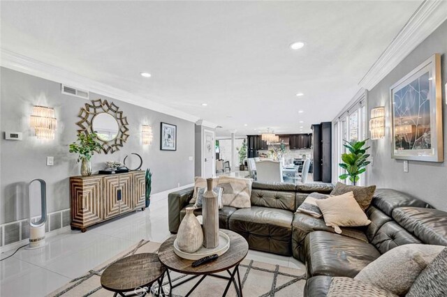 tiled living room with ornamental molding