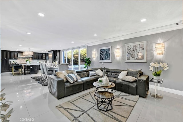 tiled living room with ornamental molding