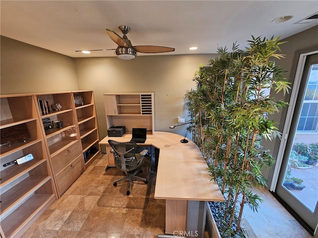 office with ceiling fan, visible vents, and recessed lighting