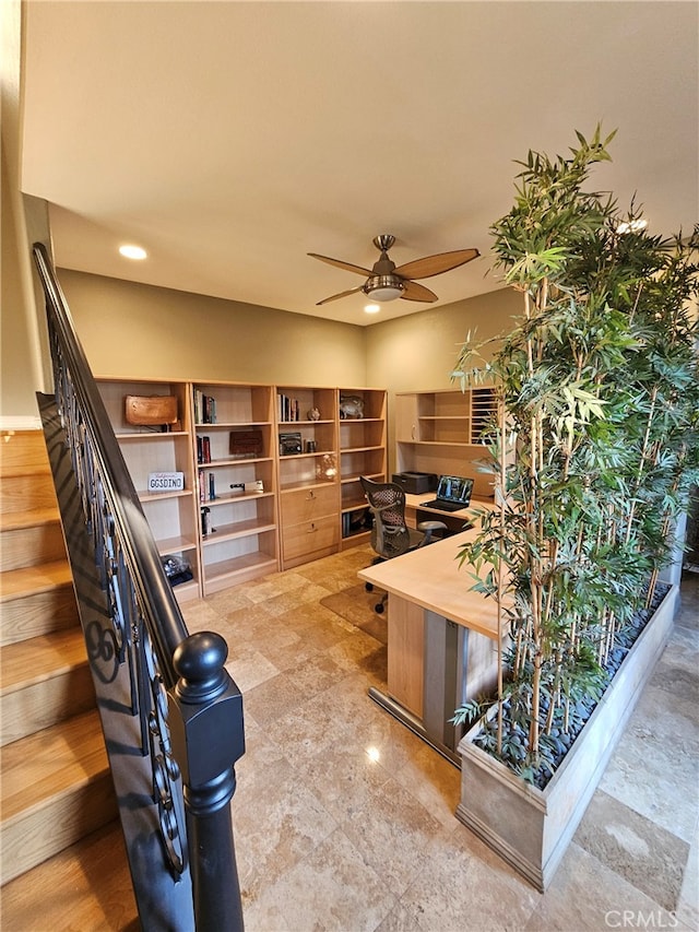 office area featuring ceiling fan and recessed lighting