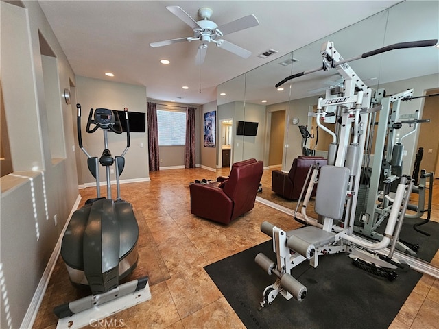 workout area featuring recessed lighting, a ceiling fan, visible vents, baseboards, and tile patterned floors