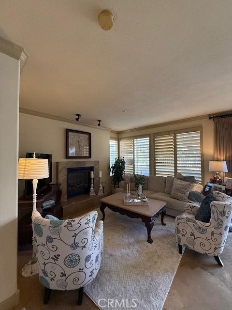 living room with crown molding