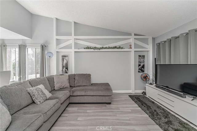 living room featuring vaulted ceiling, a textured ceiling, and light hardwood / wood-style flooring