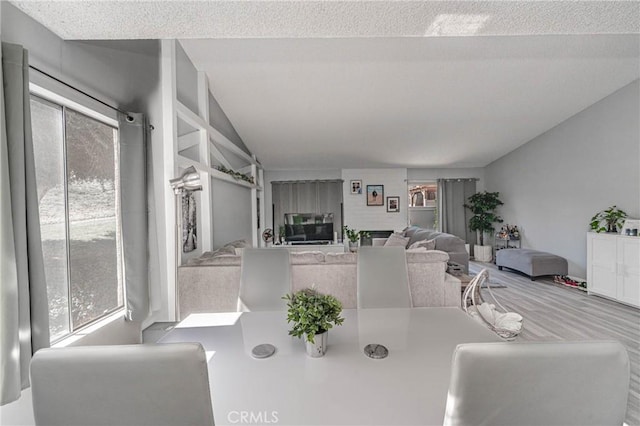 dining area featuring vaulted ceiling and a textured ceiling