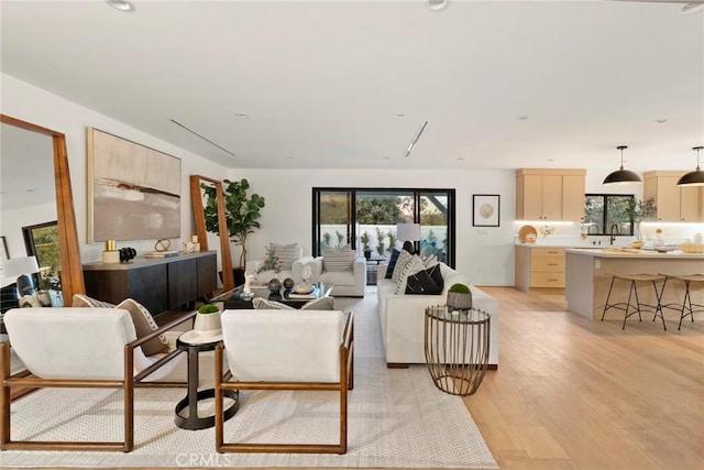 living area featuring a wealth of natural light, light wood finished floors, and recessed lighting