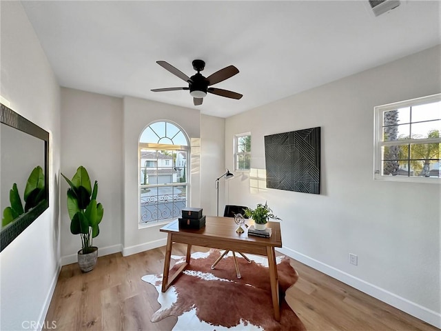 office featuring ceiling fan and light hardwood / wood-style flooring