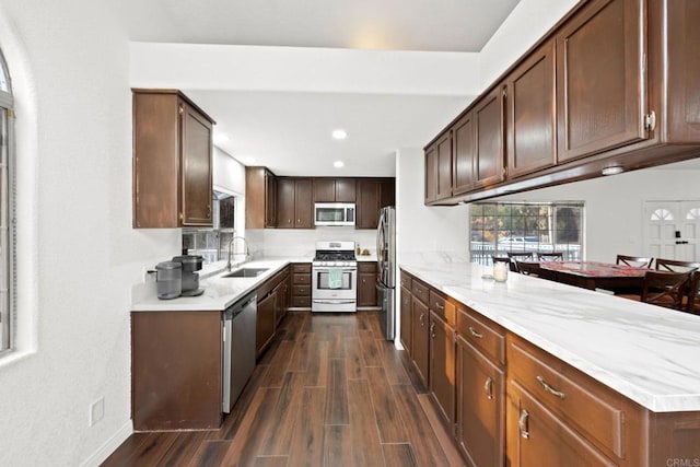 kitchen featuring stainless steel appliances, dark brown cabinets, and sink