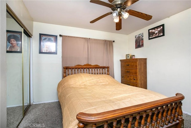 bedroom featuring carpet floors, a closet, and ceiling fan