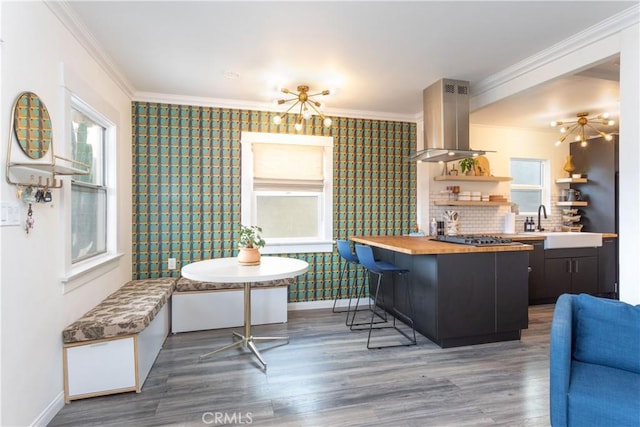 kitchen featuring wooden counters, sink, light wood-type flooring, island exhaust hood, and a notable chandelier