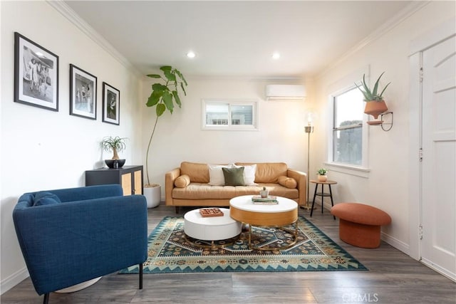 living room featuring dark wood-type flooring, an AC wall unit, and ornamental molding