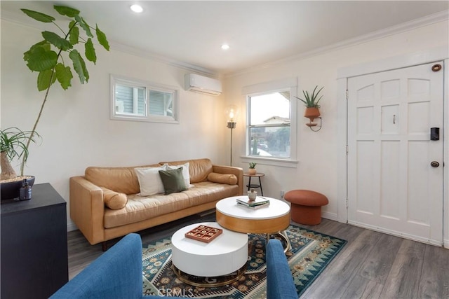 living room with dark hardwood / wood-style floors, ornamental molding, and a wall mounted AC