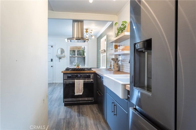 kitchen featuring crown molding, appliances with stainless steel finishes, sink, dark wood-type flooring, and island range hood