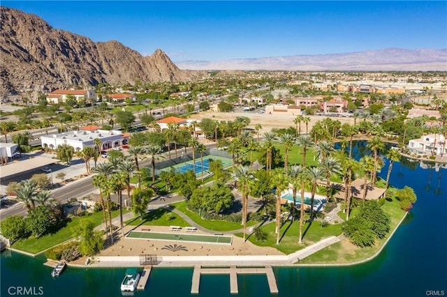 bird's eye view featuring a water and mountain view