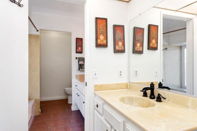 full bathroom with vanity, bathing tub / shower combination, and toilet