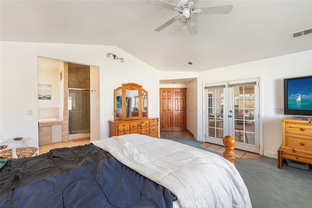 bedroom featuring light carpet, visible vents, vaulted ceiling, access to outside, and french doors