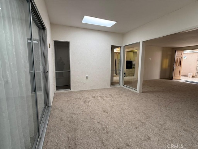 interior space featuring a skylight, carpet floors, and multiple closets