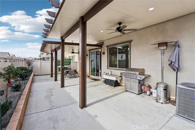 view of patio with a grill, central AC, and ceiling fan