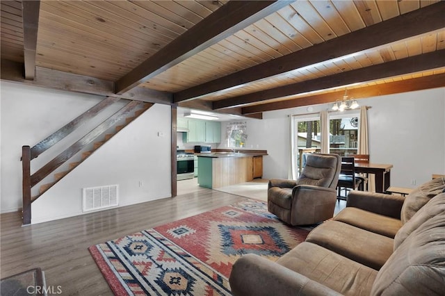 living room featuring wood ceiling, beam ceiling, hardwood / wood-style floors, and a notable chandelier