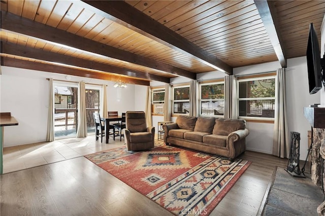 living room featuring wood-type flooring, a chandelier, wooden ceiling, and beam ceiling