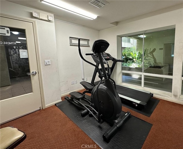 exercise room with carpet flooring