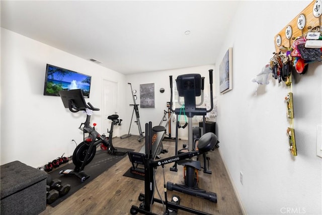 workout room featuring hardwood / wood-style flooring