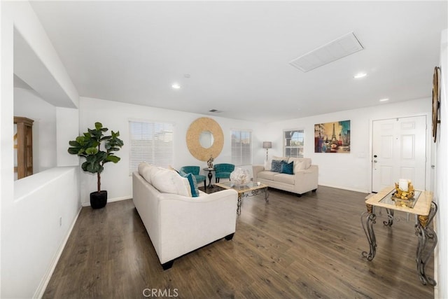 living room featuring dark wood-type flooring