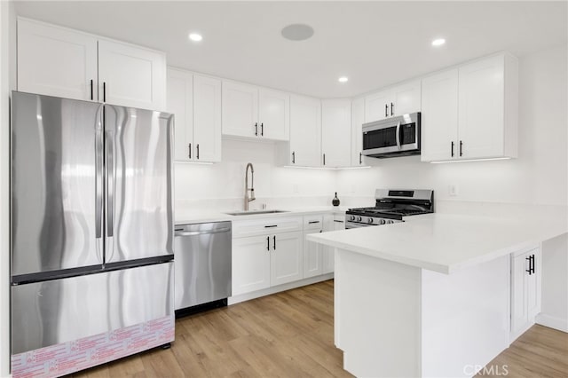 kitchen featuring kitchen peninsula, stainless steel appliances, light wood-type flooring, white cabinets, and sink