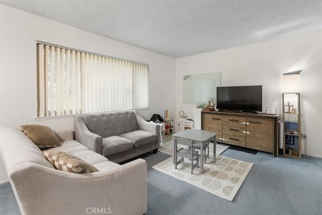 carpeted living room with a textured ceiling