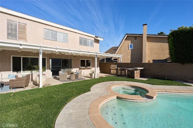 view of swimming pool featuring an outdoor living space, an in ground hot tub, an outdoor kitchen, a patio, and a bar