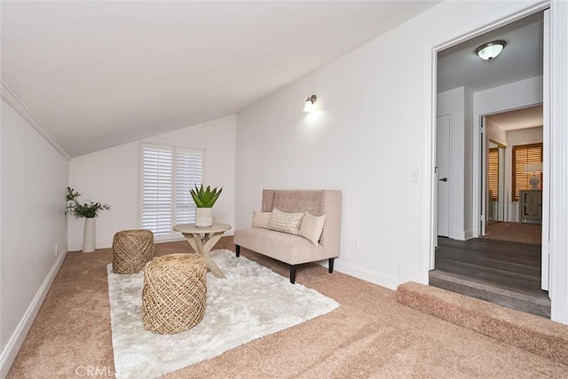 living area featuring carpet and lofted ceiling