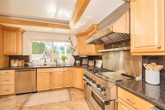 kitchen featuring wall chimney exhaust hood, appliances with stainless steel finishes, decorative backsplash, and a tray ceiling