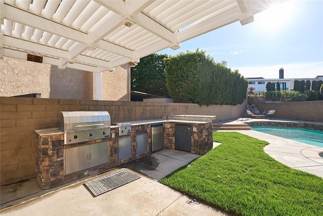 view of patio / terrace featuring sink, a fenced in pool, a pergola, and area for grilling