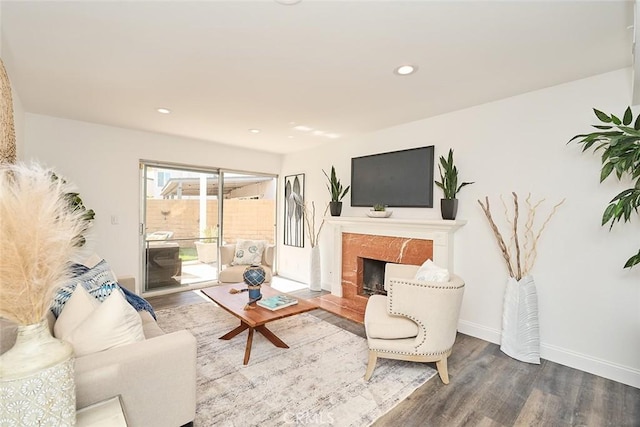 living room with wood-type flooring and a high end fireplace