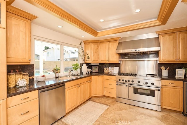 kitchen featuring decorative backsplash, sink, stainless steel appliances, wall chimney exhaust hood, and a tray ceiling