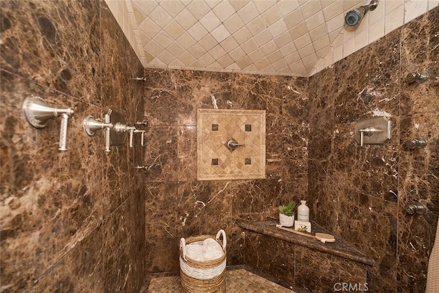 bathroom with lofted ceiling