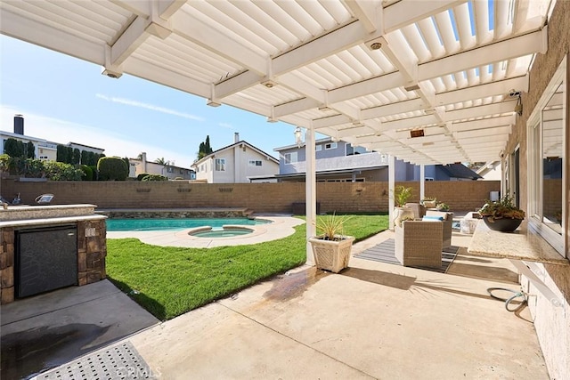 view of patio / terrace with a fenced in pool and an outdoor living space