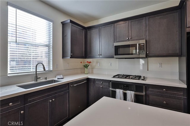 kitchen with stainless steel appliances, sink, and dark brown cabinets